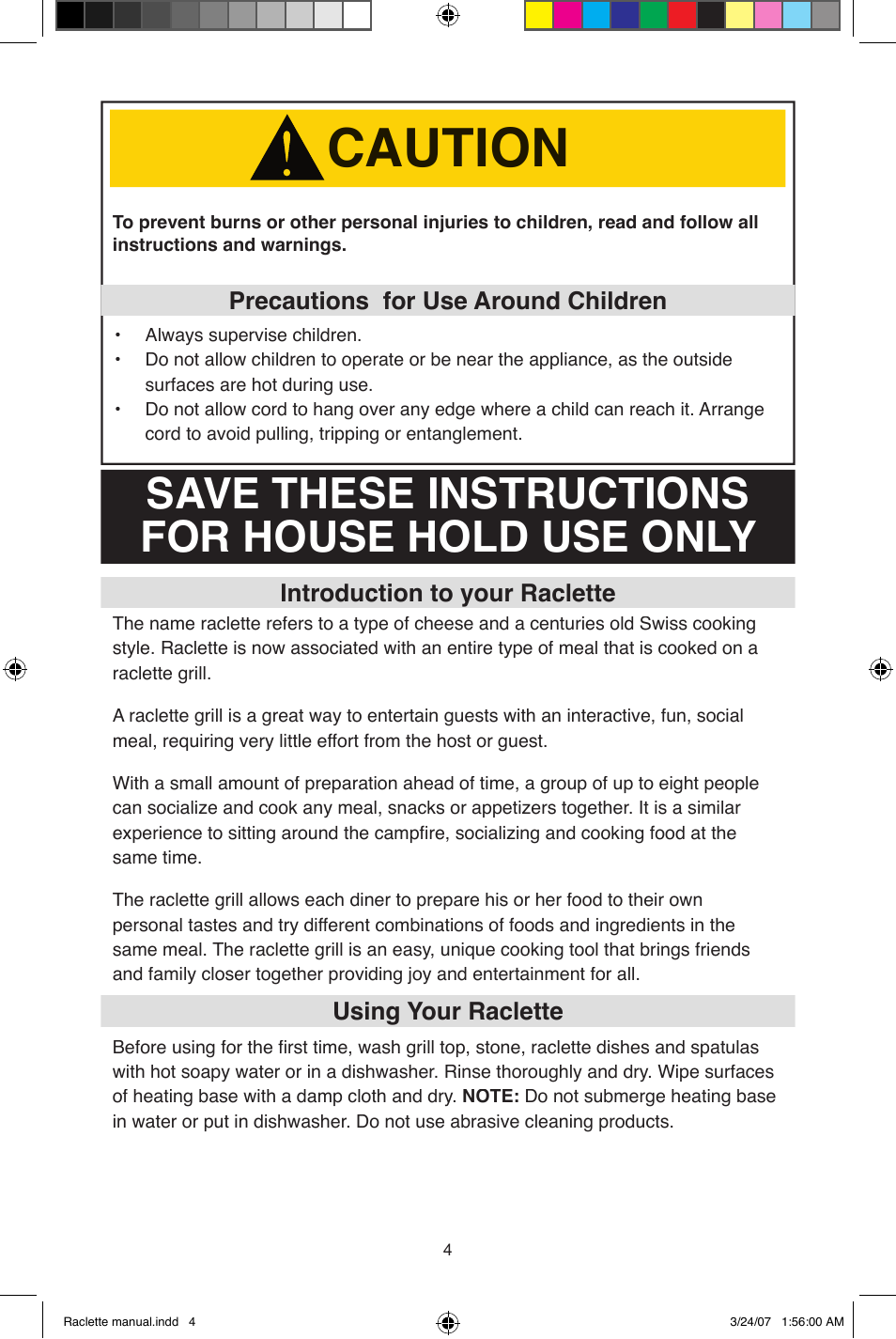Caution, Save these instructions for house hold use only, Introduction to your raclette | West Bend Fondue Maker User Manual | Page 4 / 28