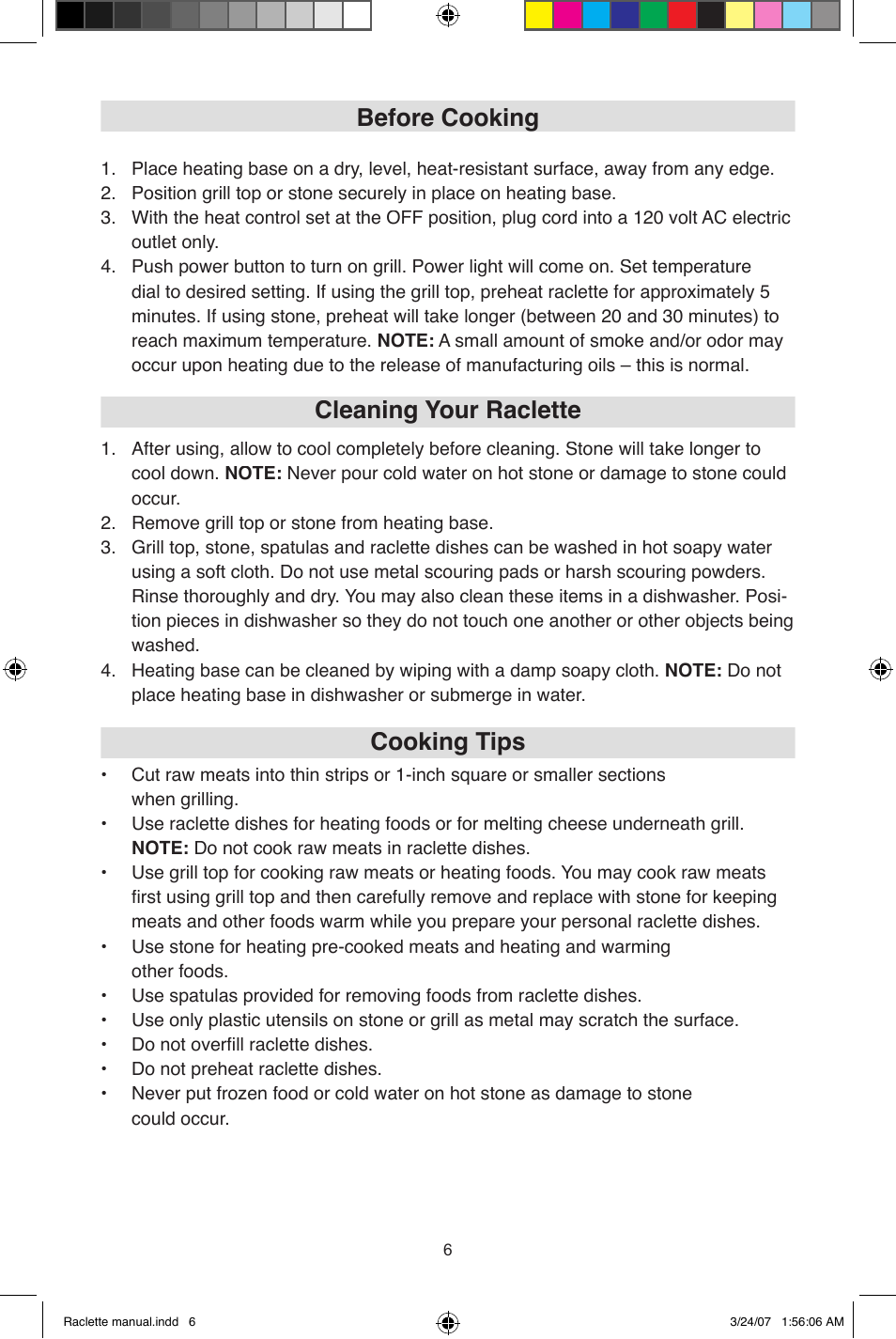 Before cooking, Cleaning your raclette, Cooking tips | West Bend Fondue Maker User Manual | Page 6 / 28