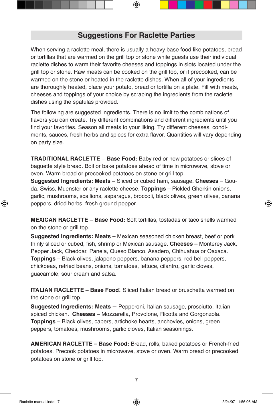 Suggestions for raclette parties | West Bend Fondue Maker User Manual | Page 7 / 28
