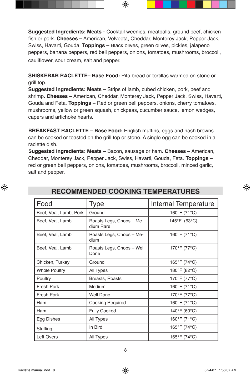 Food type internal temperature, Recommended cooking temperatures | West Bend Fondue Maker User Manual | Page 8 / 28