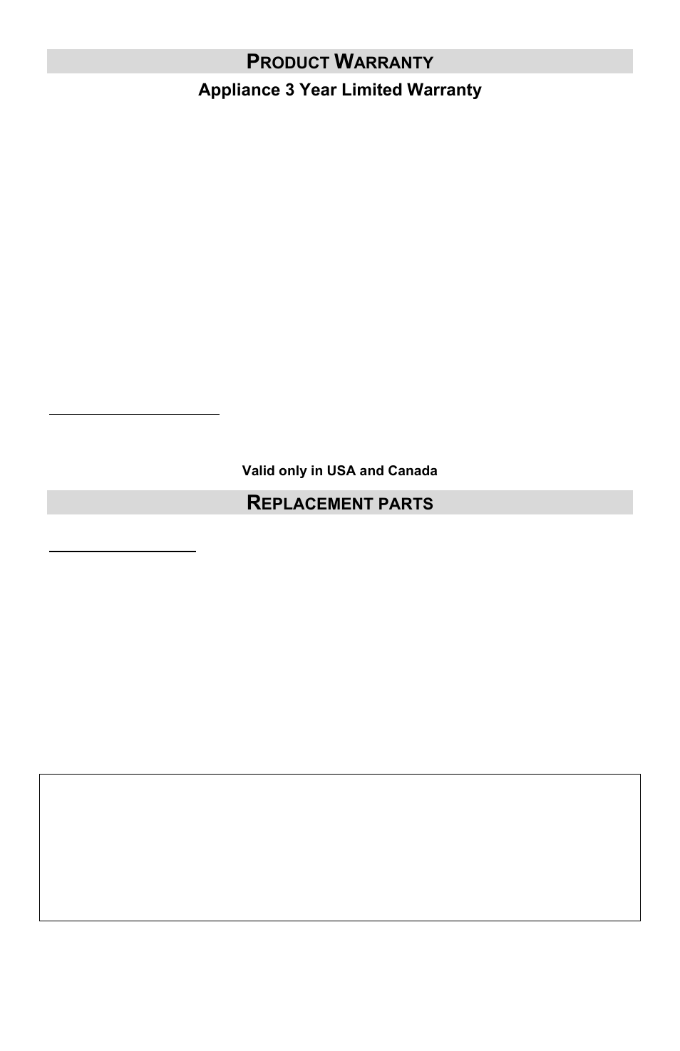 Product warranty, Replacement parts, Appliance 3 year limited warranty | West Bend Chefscape PBL1000 User Manual | Page 14 / 44