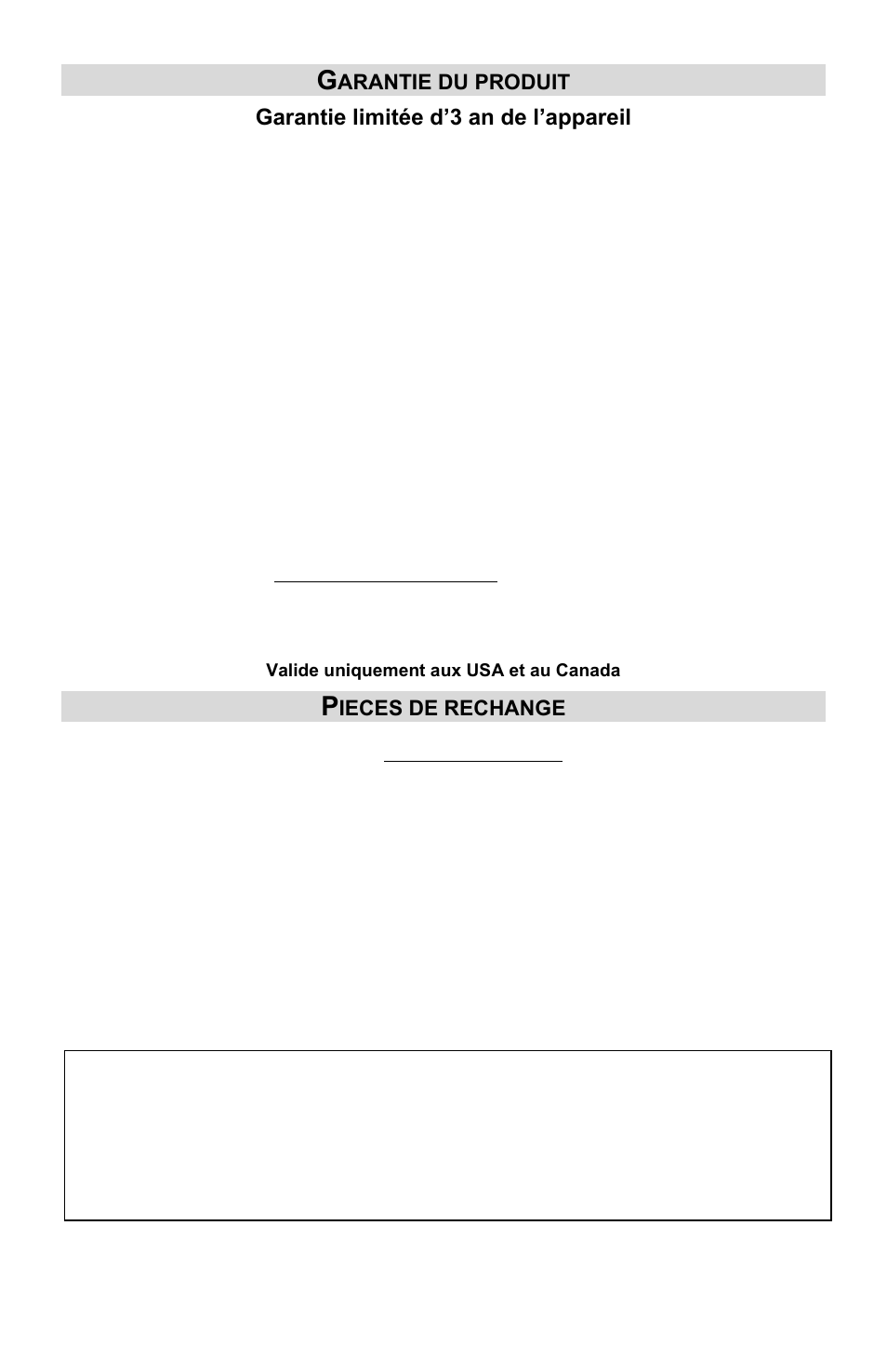 Garantie du produit, Garantie limitée d’3 an de l’appareil, Pièces de rechange | Arantie du produit, Ieces de rechange | West Bend Chefscape PBL1000 User Manual | Page 28 / 44