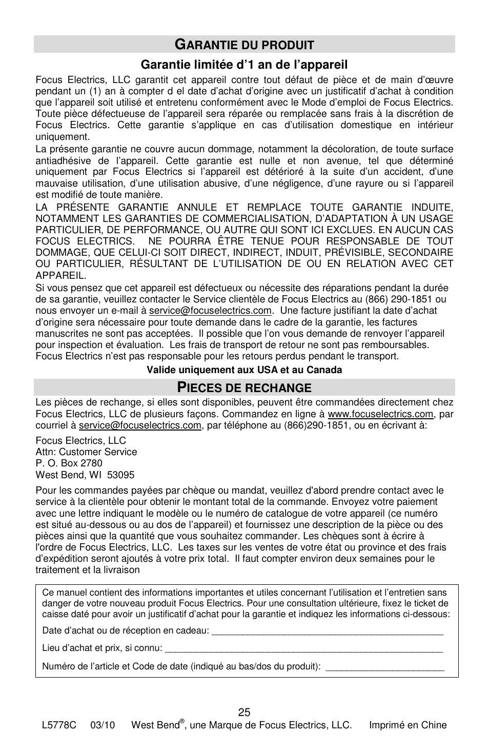 Garantie limitée d’1 an de l’appareil, Arantie du produit, Ieces de rechange | West Bend Hi-Rise L5778C User Manual | Page 49 / 75