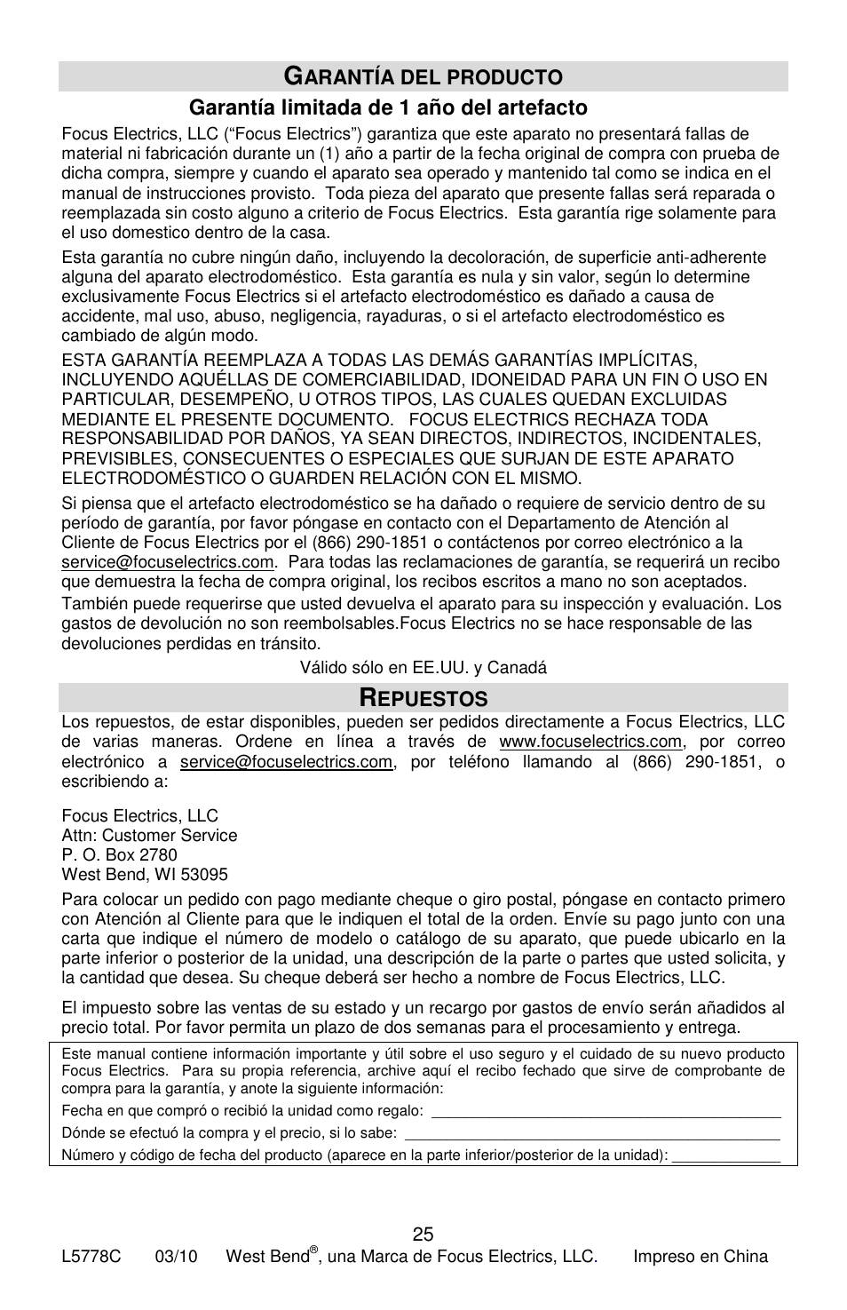 Garantía limitada de 1 año del artefacto, Arantía del producto, Epuestos | West Bend Hi-Rise L5778C User Manual | Page 74 / 75