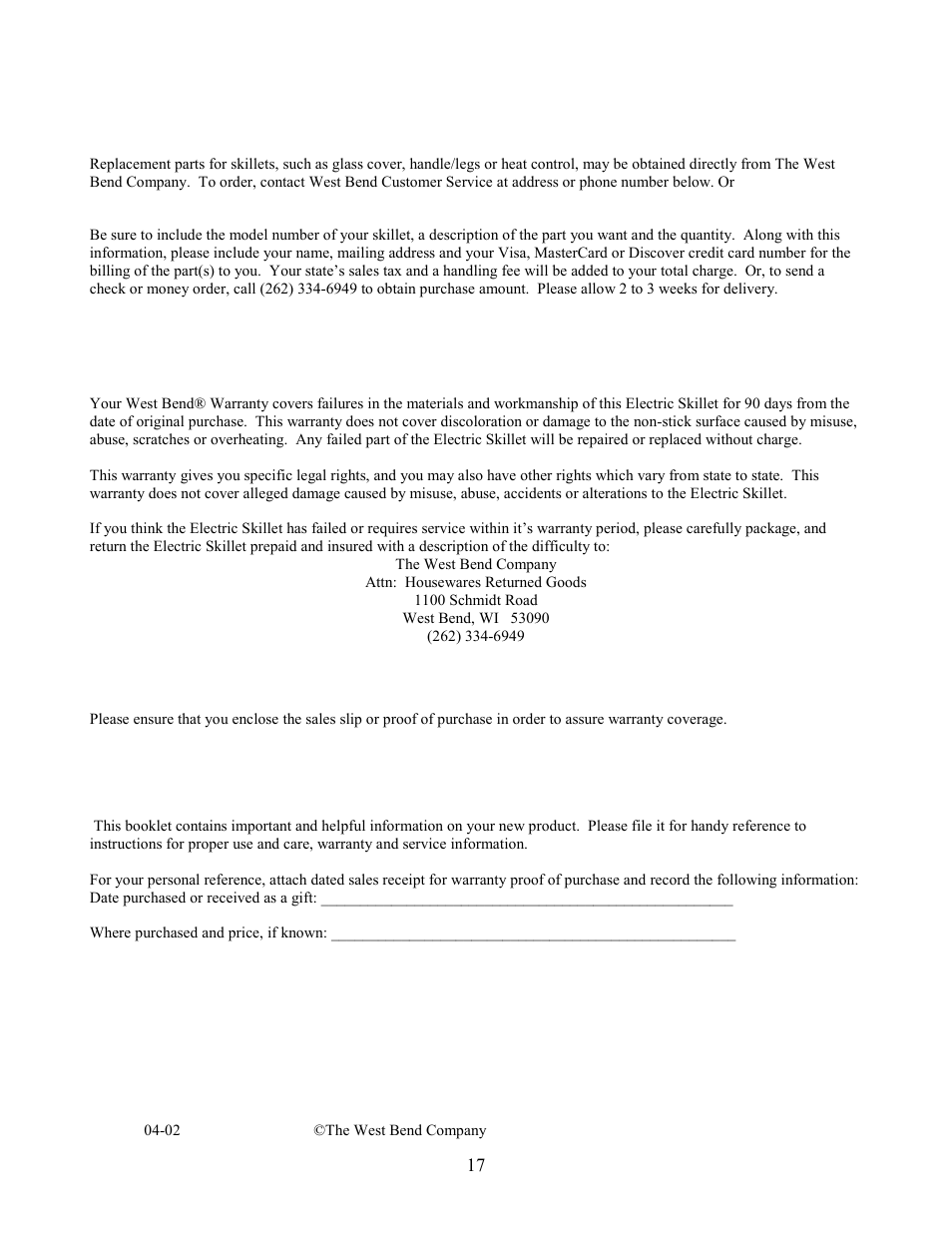 West bend | West Bend L-5486 User Manual | Page 17 / 18