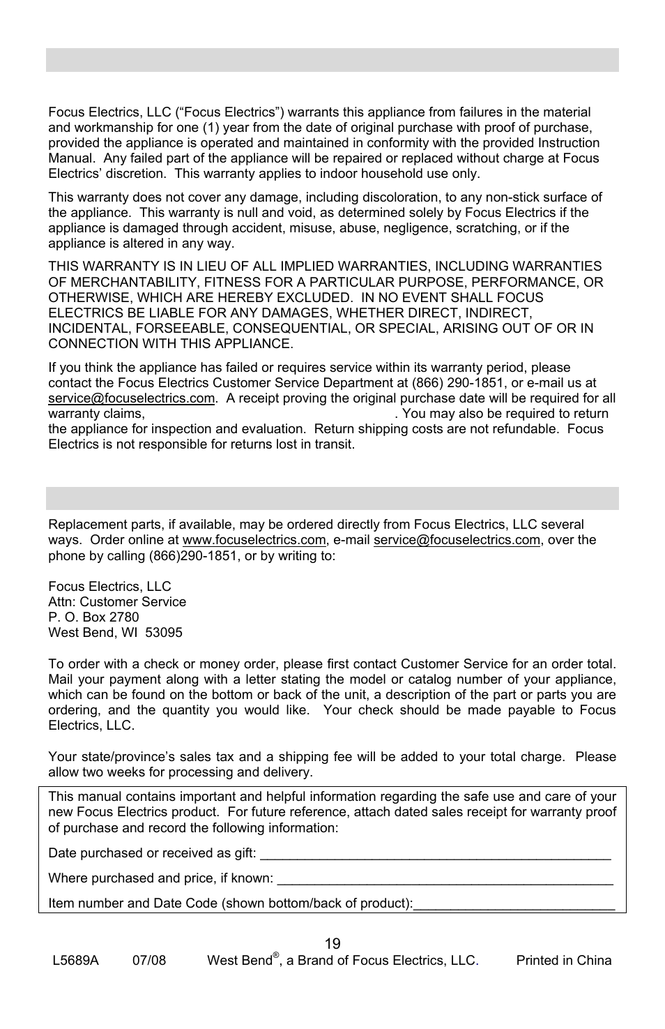 Product warranty, Appliance 1 year limited warranty, Replacement parts | Roduct, Arranty, Eplacement parts | West Bend L5689A User Manual | Page 19 / 60