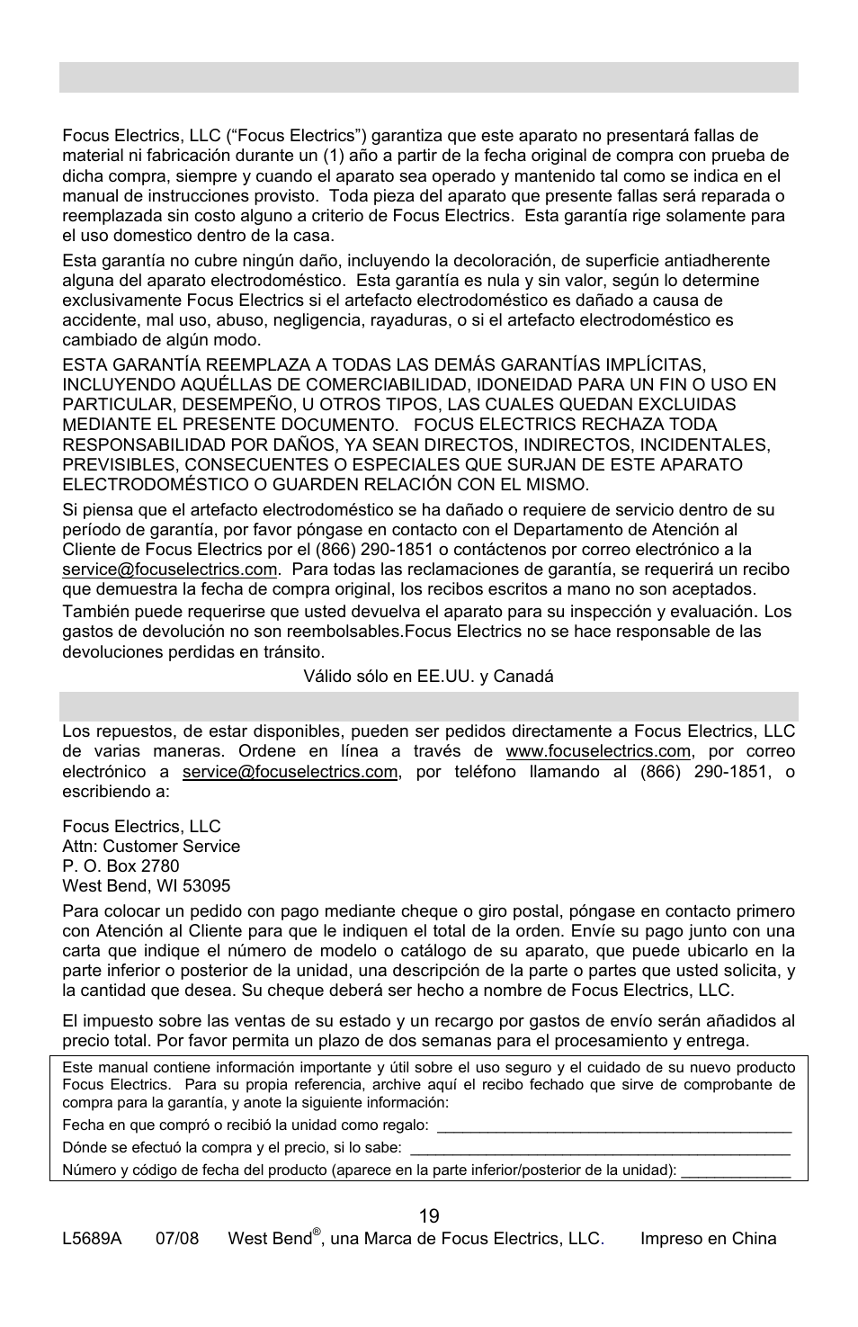 Garantía del producto, Garantía limitada de 1 año del artefacto, Repuestos | Garant, Ía limitada de 1 año del artefacto, Ar to, Antía del produc, Epuestos | West Bend L5689A User Manual | Page 59 / 60