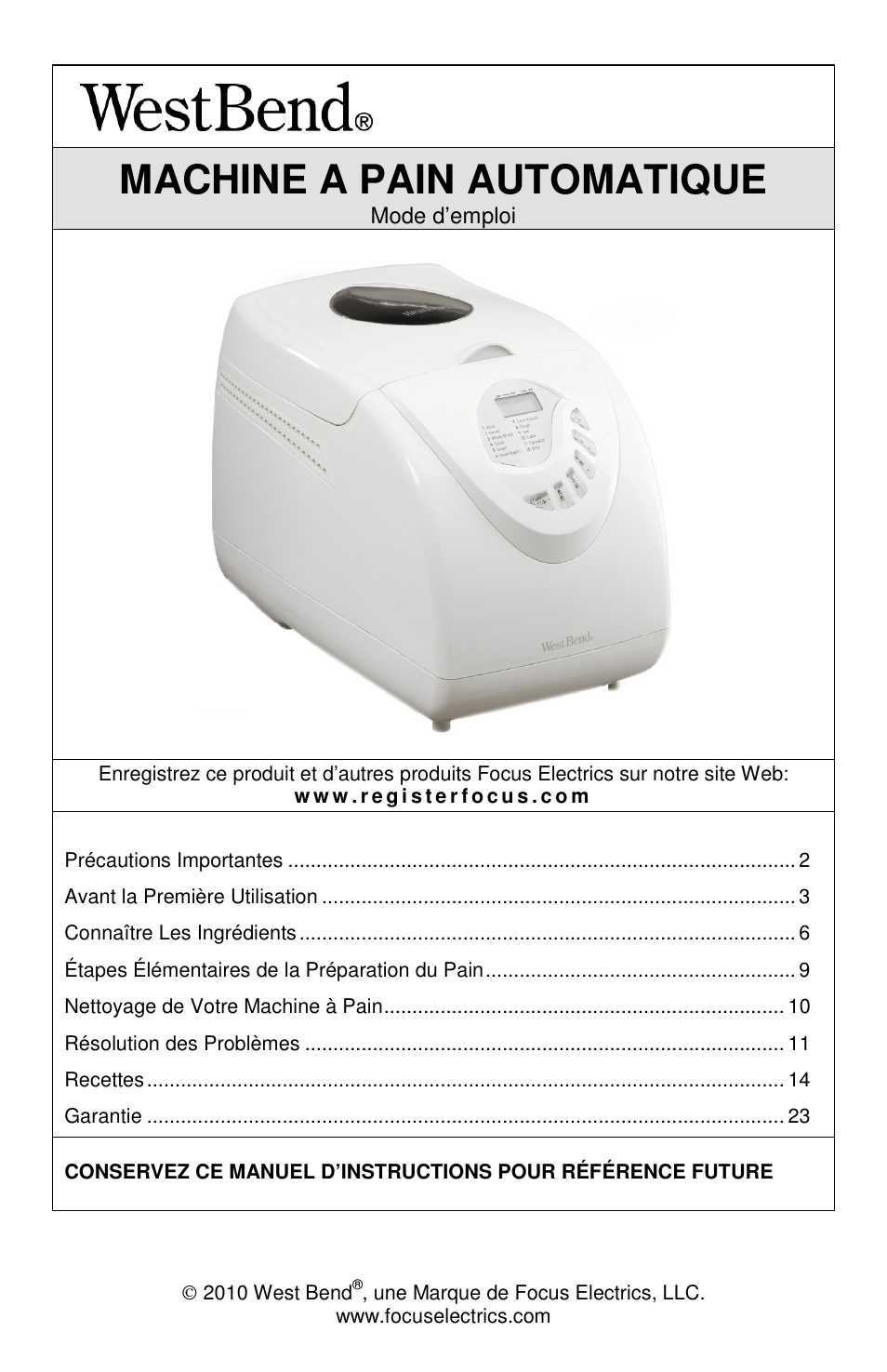 Machine a pain automatique | West Bend 41400 User Manual | Page 23 / 68