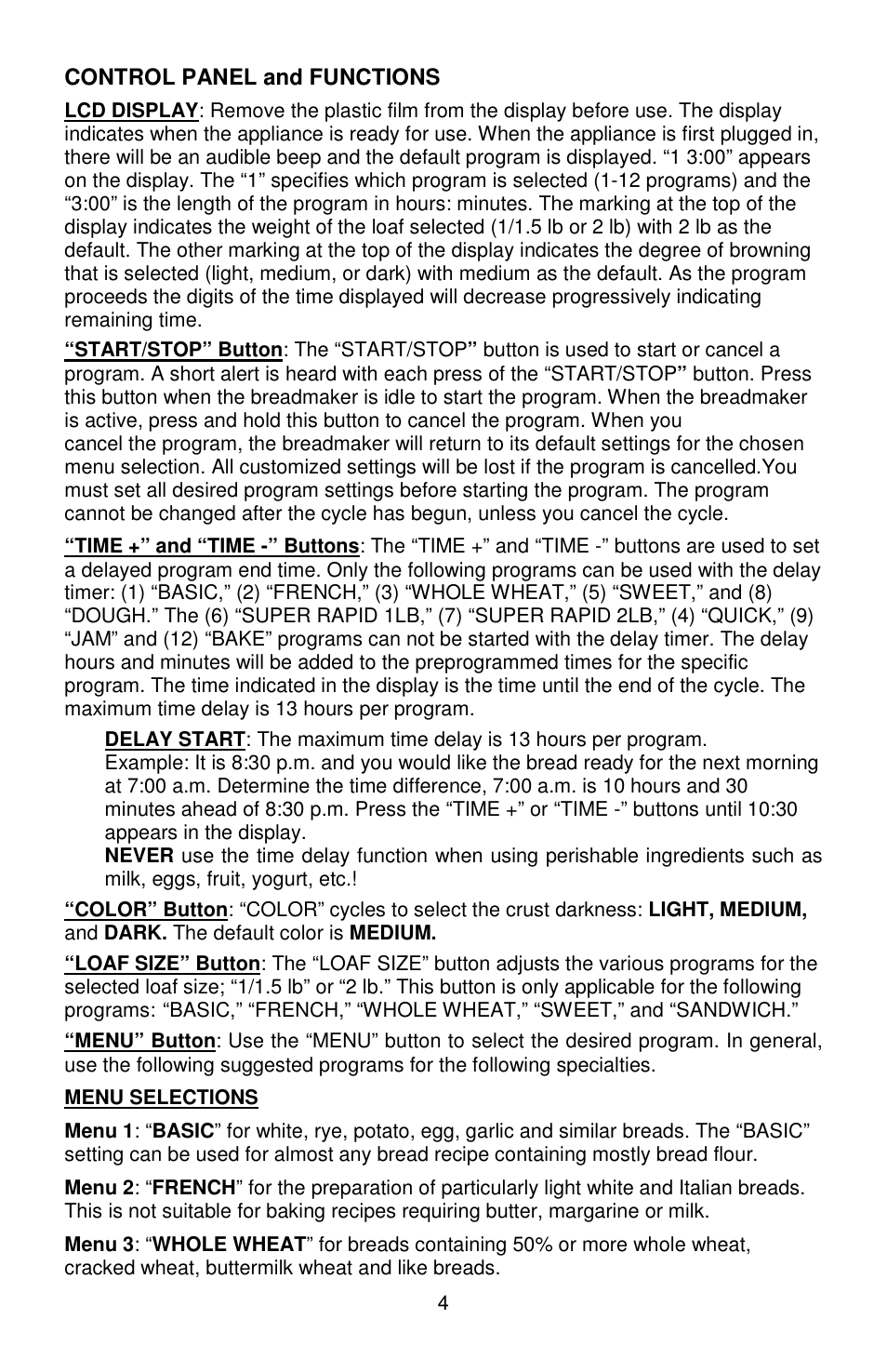 Control panel and functions | West Bend 41400 User Manual | Page 4 / 68