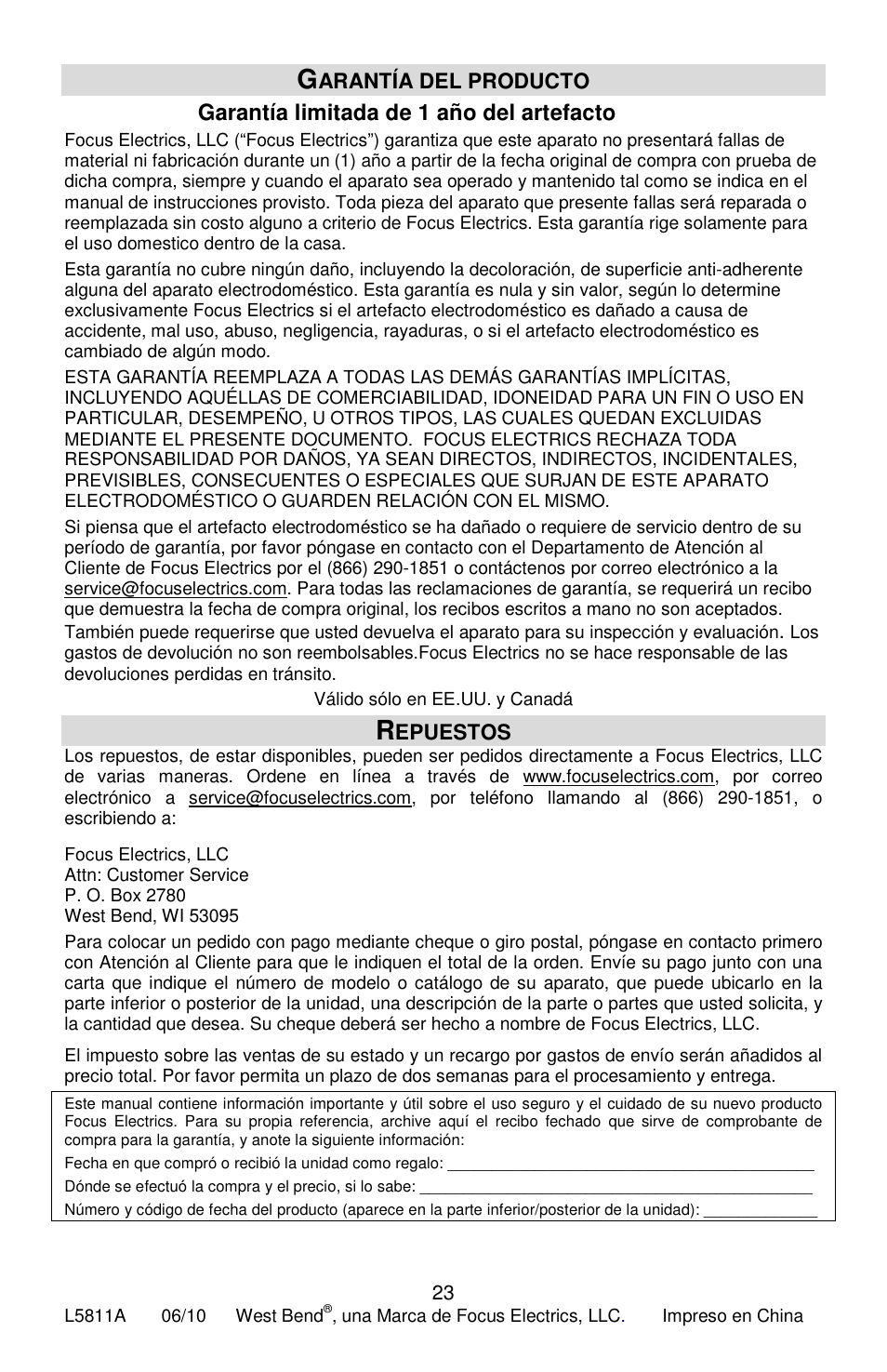 Garantía limitada de 1 año del artefacto, Arantía del producto, Epuestos | West Bend 41400 User Manual | Page 68 / 68