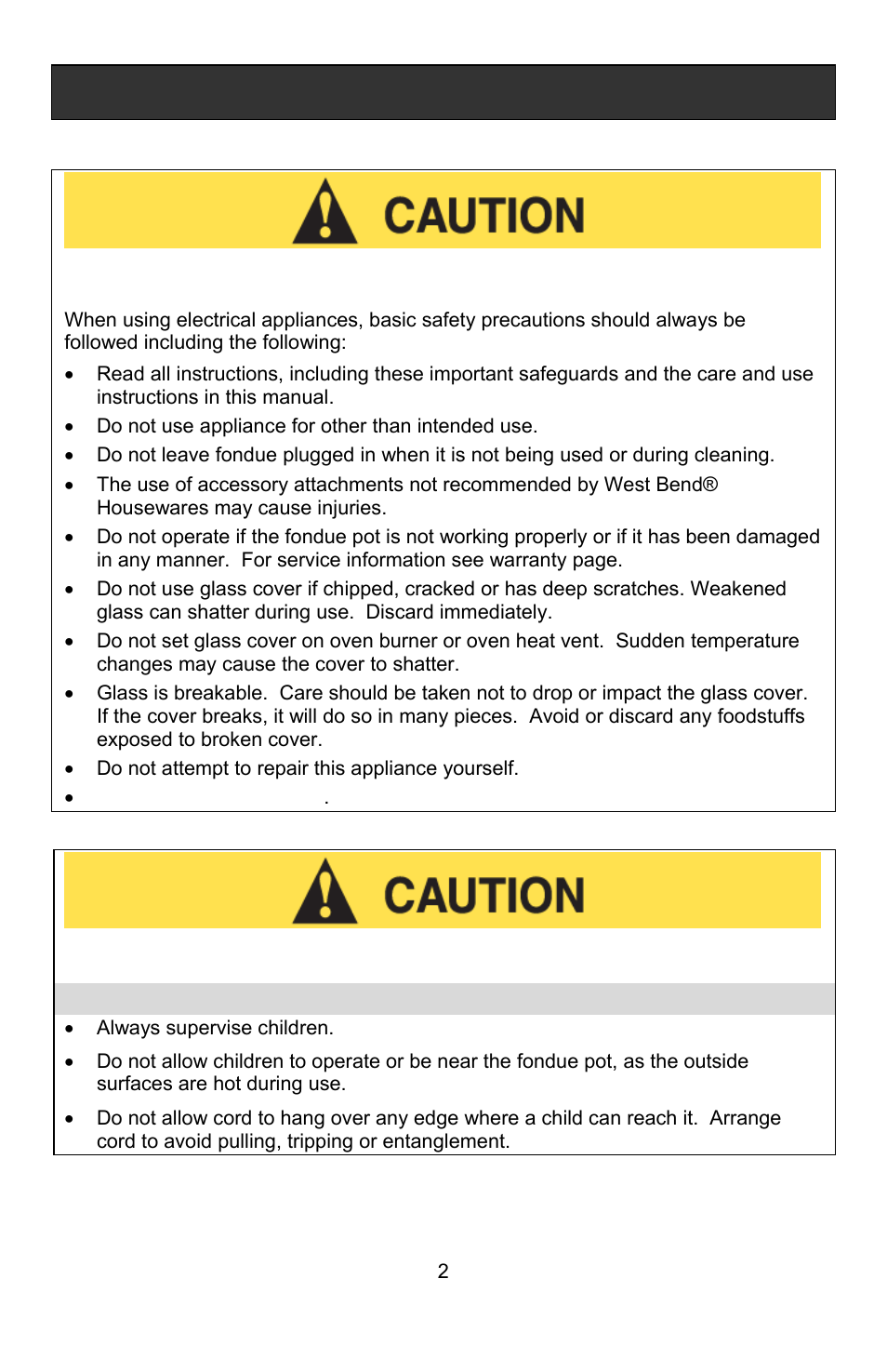 Precautions for use around children, Important safeguards | West Bend ELECTRIC FONDUE POT User Manual | Page 2 / 40