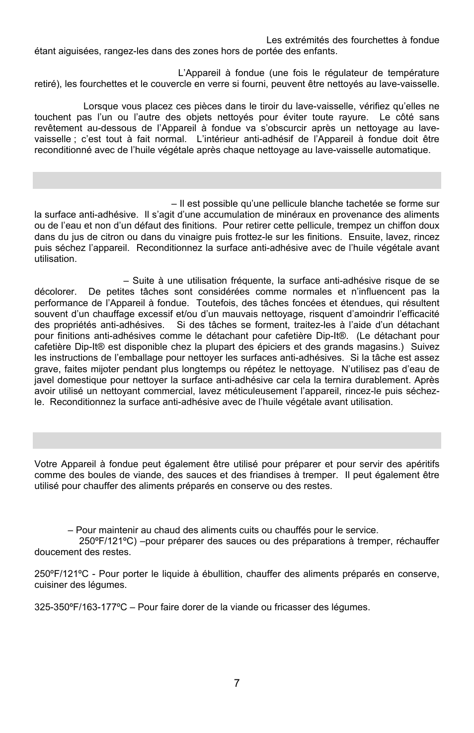 Instructions de nettoyage particulieres, Autres utilisations de l’appareil a fondue | West Bend ELECTRIC FONDUE POT User Manual | Page 20 / 40