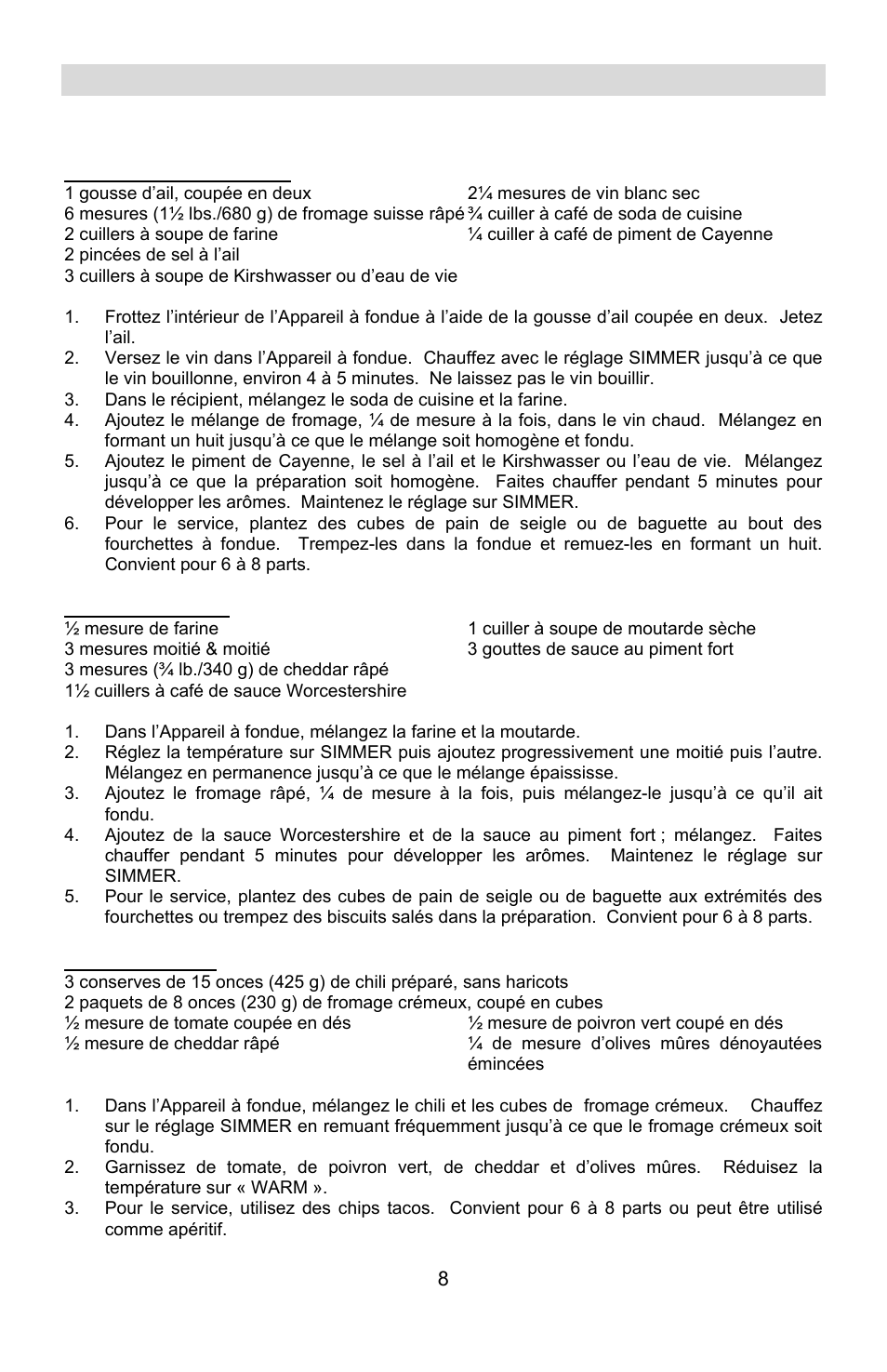 Recettes, Fondues au fromage | West Bend ELECTRIC FONDUE POT User Manual | Page 21 / 40