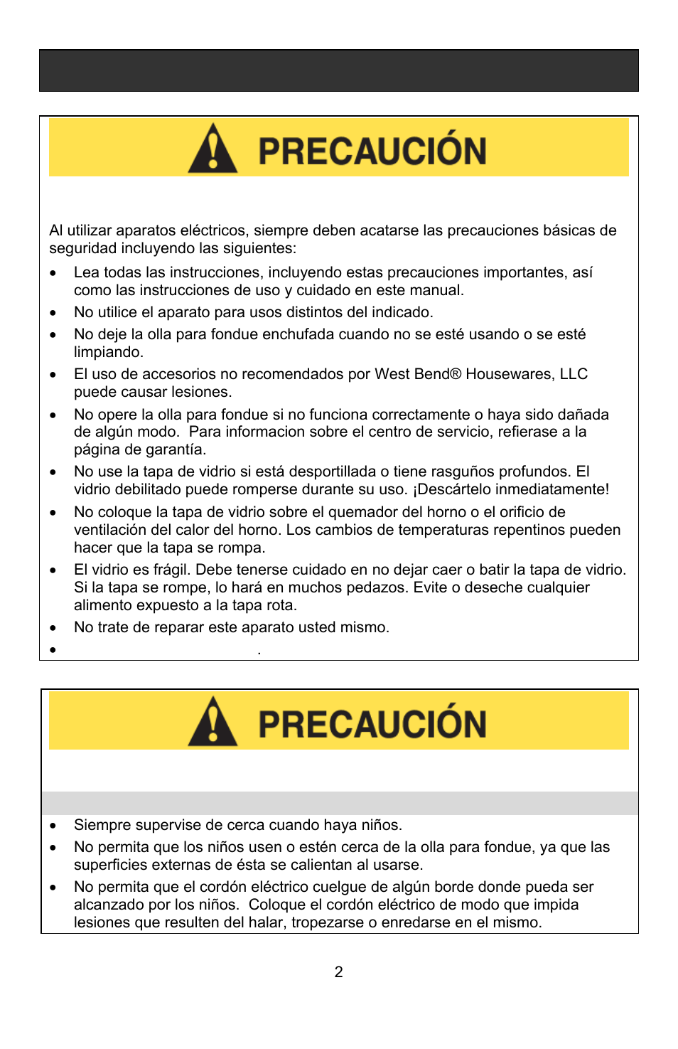 Precauciones de uso cerca de niños, Precauciones importantes | West Bend ELECTRIC FONDUE POT User Manual | Page 28 / 40