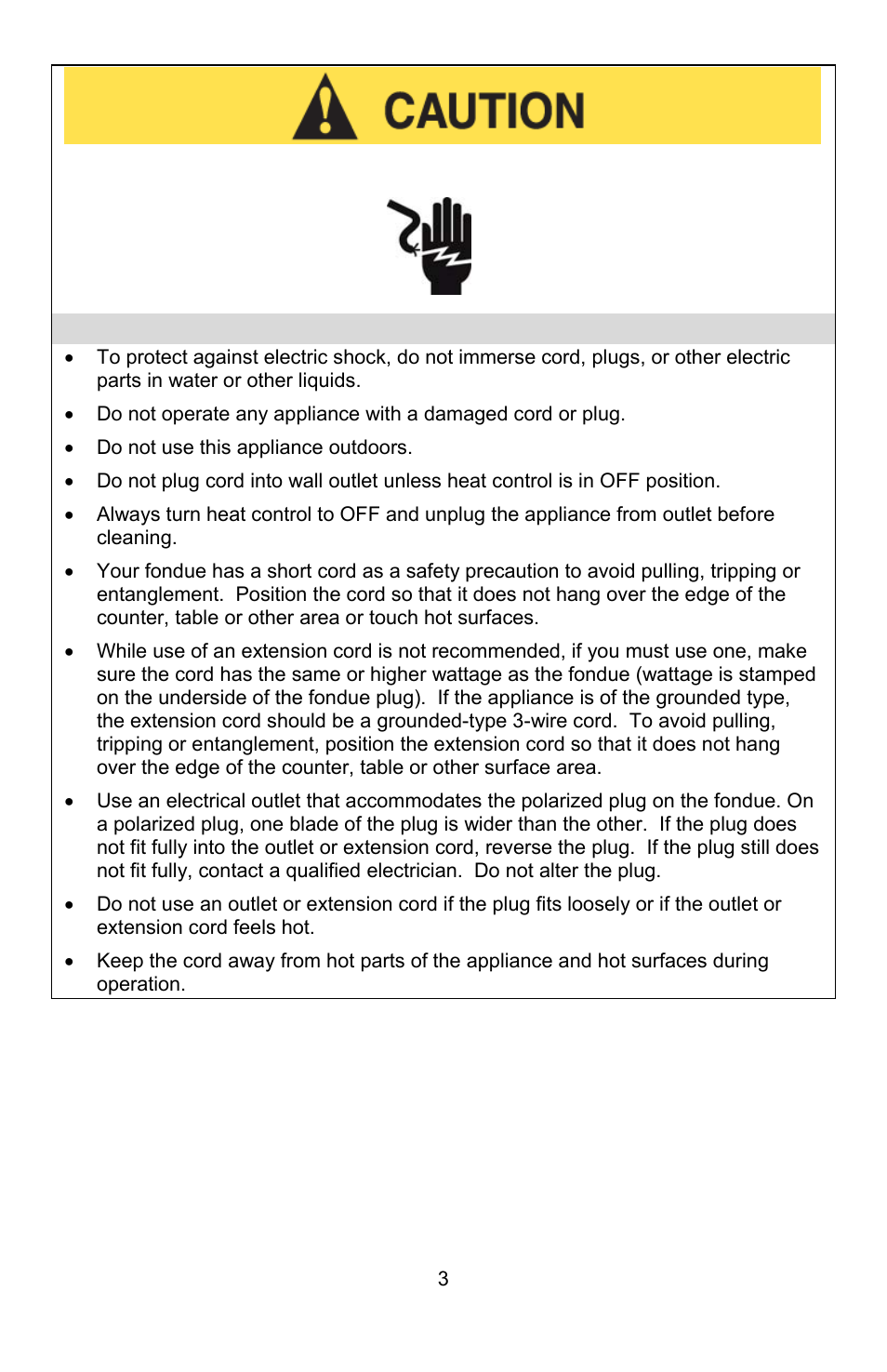 Electricity precautions | West Bend ELECTRIC FONDUE POT User Manual | Page 3 / 40