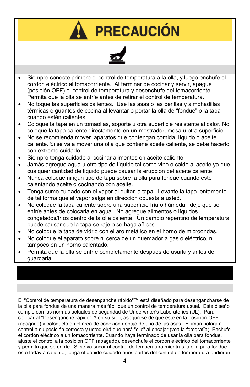 Precauciones relativas al calor, Control de temperatura de desenganche rápido, Conserve estas instrucciones | West Bend ELECTRIC FONDUE POT User Manual | Page 30 / 40