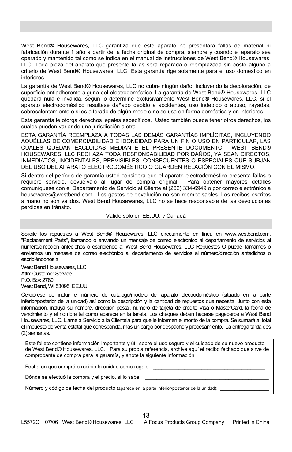 Garantía del producto, Repuestos | West Bend ELECTRIC FONDUE POT User Manual | Page 39 / 40