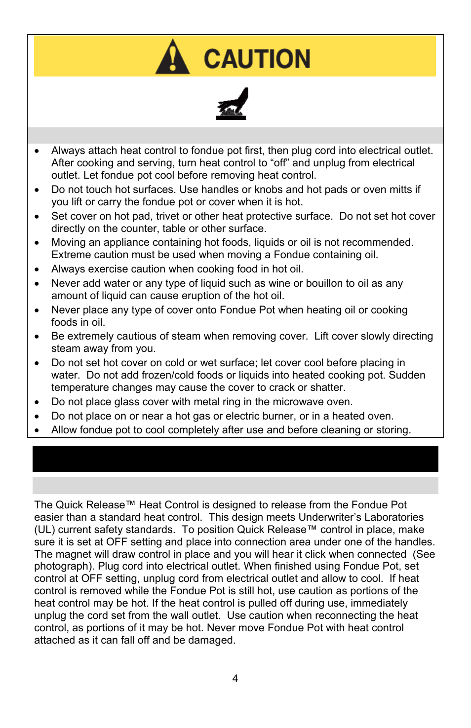 Heat precautions, Quick release™ heat control, Save these instructions | West Bend ELECTRIC FONDUE POT User Manual | Page 4 / 40