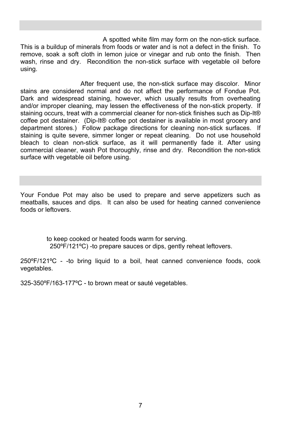 Special cleaning instructions, Additional uses for fondue pot | West Bend ELECTRIC FONDUE POT User Manual | Page 7 / 40