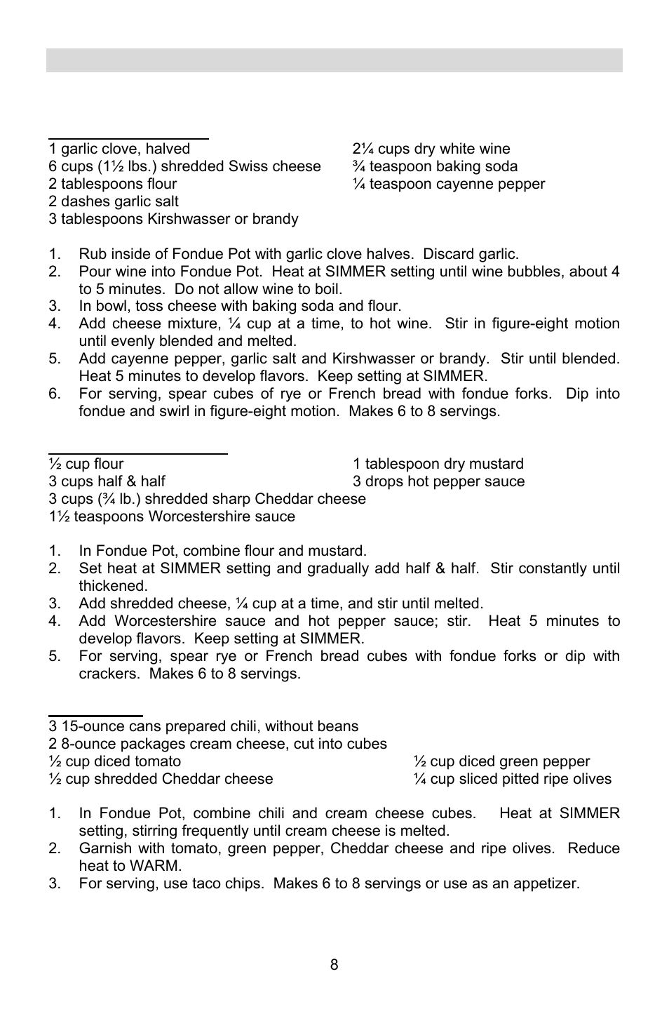 Recipes, Cheese fondues | West Bend ELECTRIC FONDUE POT User Manual | Page 8 / 40