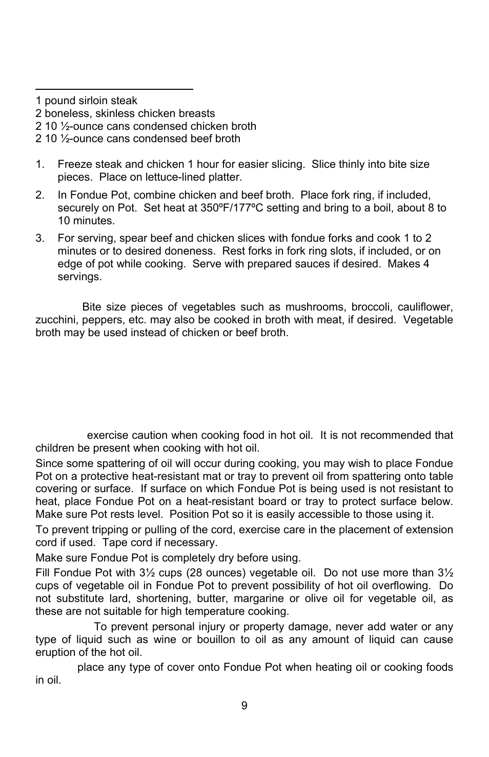 Chicken & beef broth fondue, Broth fondue, Oil fondue | West Bend ELECTRIC FONDUE POT User Manual | Page 9 / 40