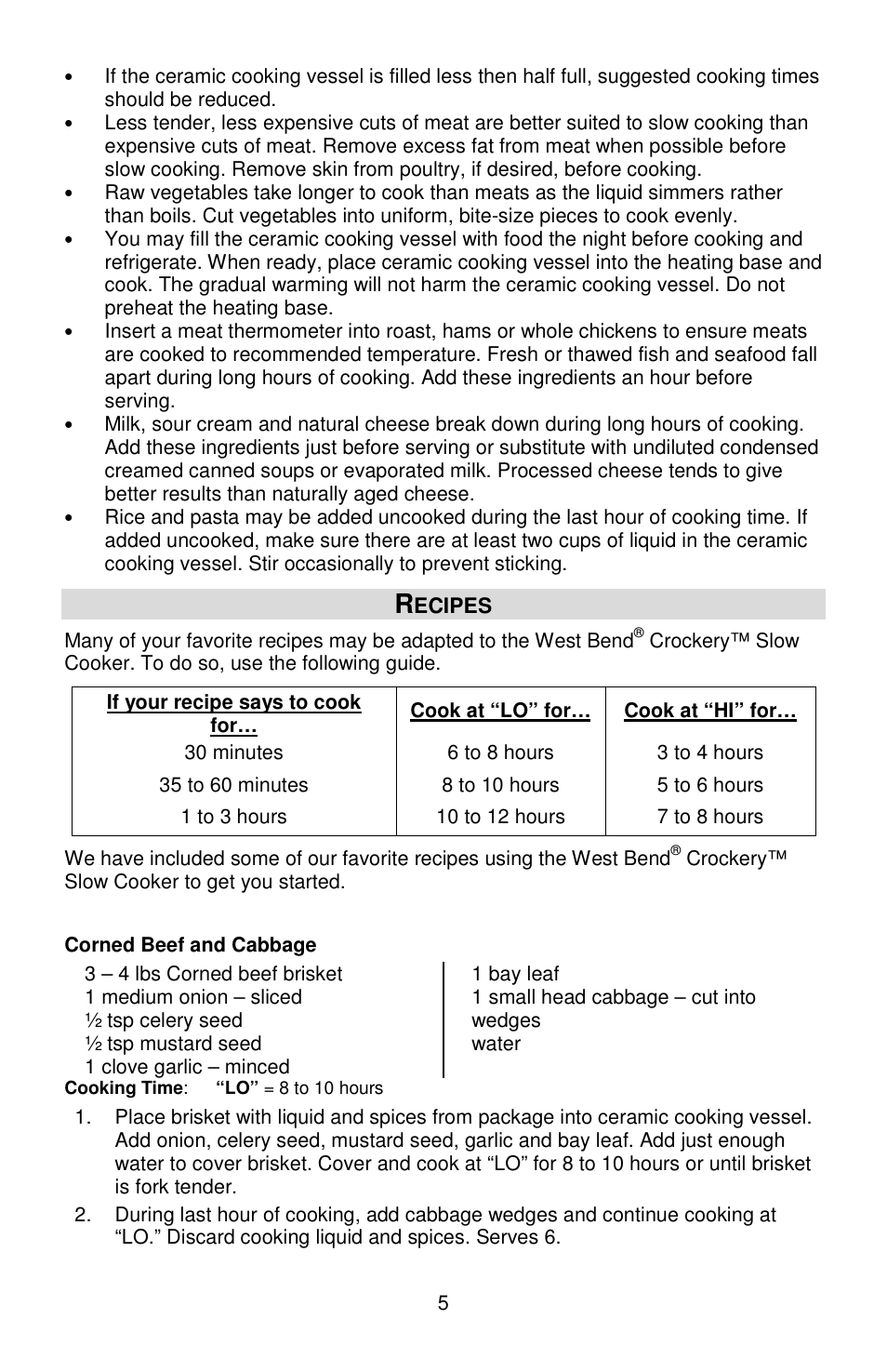 West Bend Crockery 84306 User Manual | Page 5 / 28