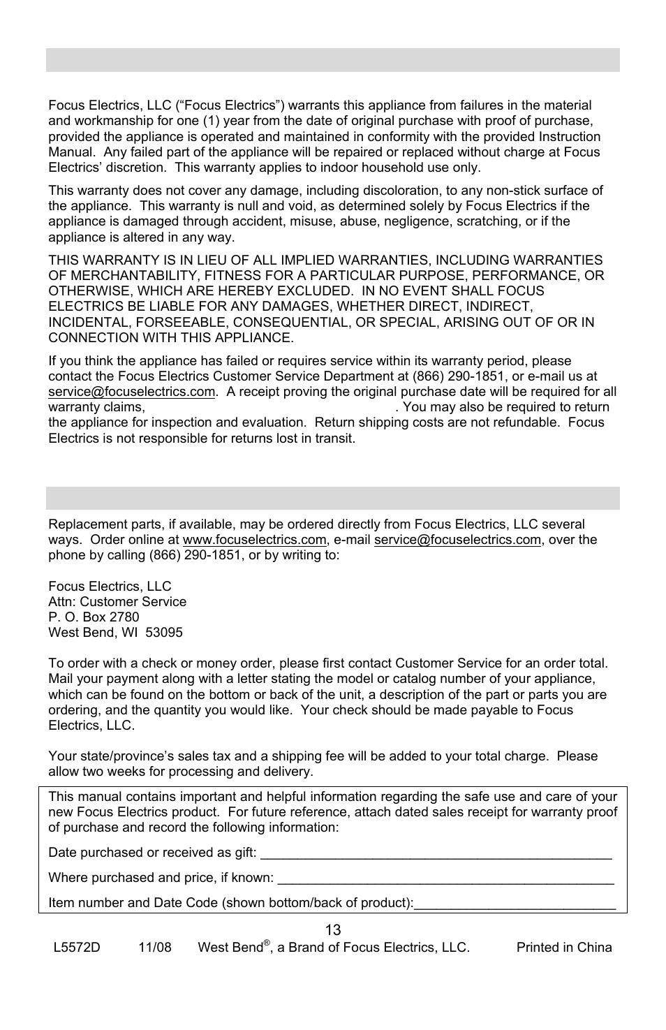 Product warranty, Appliance 1 year limited warranty, Replacement parts | West Bend L5572D User Manual | Page 13 / 40