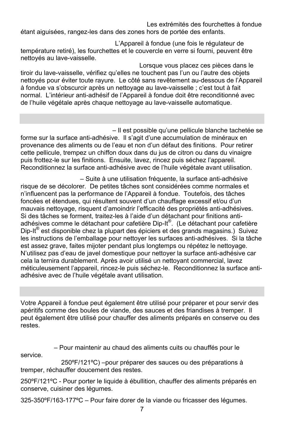 Instructions de nettoyage particulieres, Autres utilisations de l’appareil a fondue | West Bend L5572D User Manual | Page 20 / 40