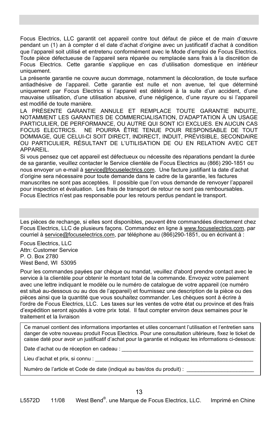Garantie du produit, Garantie limitée d’1 an de l’appareil, Pièces de rechange | West Bend L5572D User Manual | Page 26 / 40