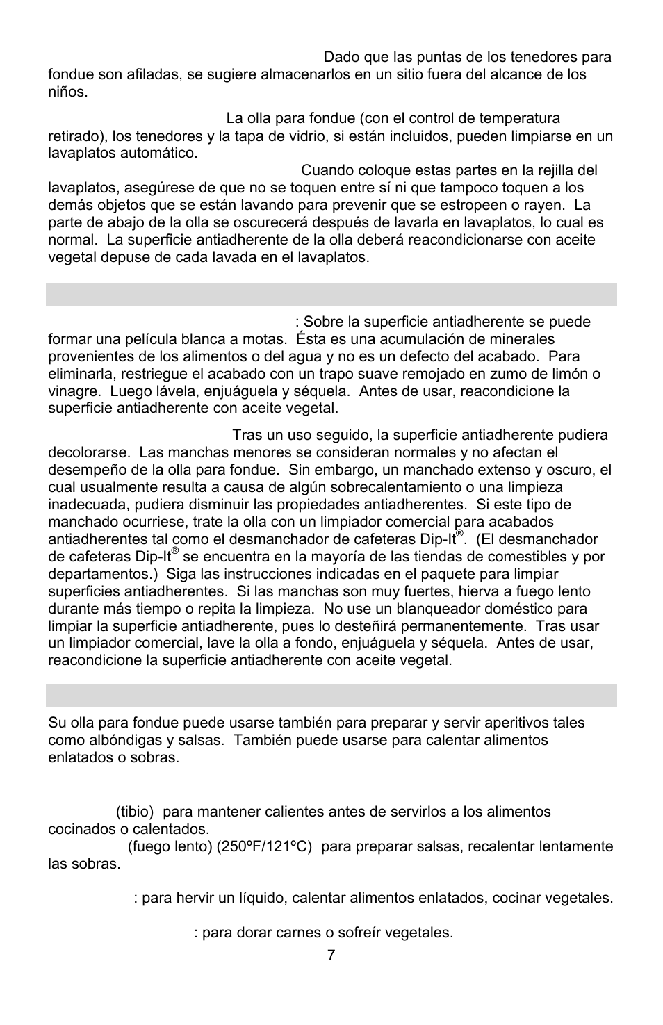 Instrucciones especiales de limpieza, Usos adicionales de la olla para fondue | West Bend L5572D User Manual | Page 33 / 40