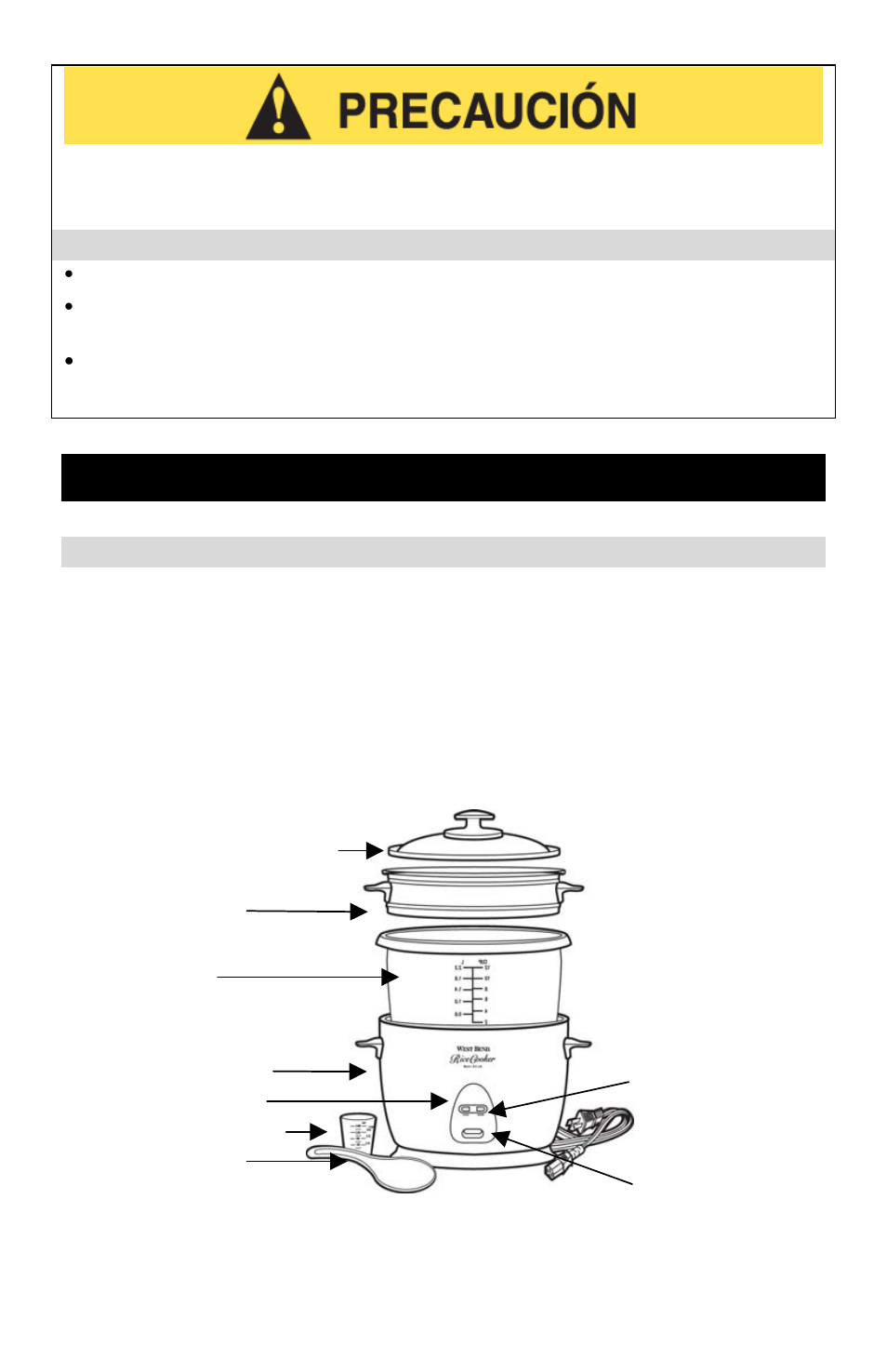 Precauciones de uso cerca de niños, Limpieza de la olla para arroz, Tapa de vidrio con ventilación | Cesta vaporizadora, Olla para arroz, Base de calentamiento, Luz “warm” (entibiar), Taza medidora de arroz, Cuchara para servir, Luz “cook” (cocinar) | West Bend 12-Cup Automatic Rice Cooker User Manual | Page 20 / 24