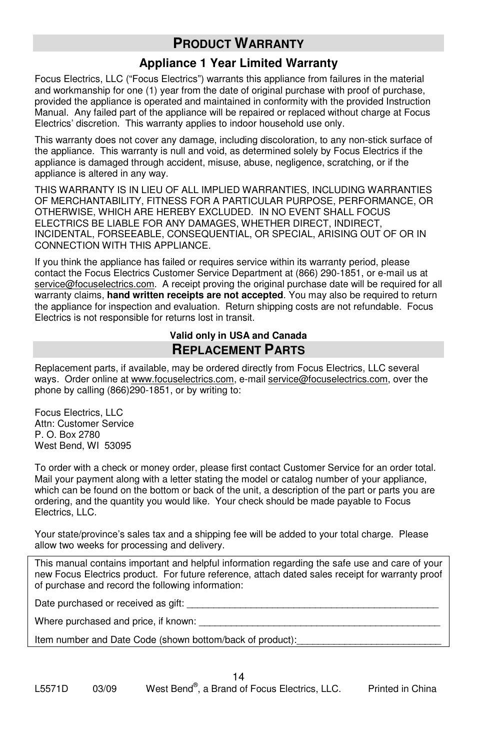 Appliance 1 year limited warranty | West Bend L5571D User Manual | Page 14 / 44