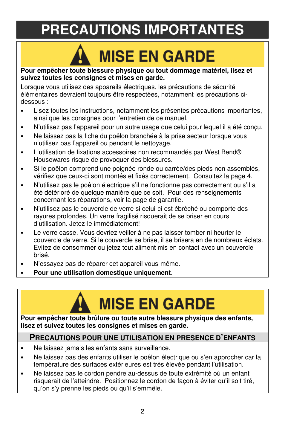 Precautions importantes | West Bend L5571D User Manual | Page 16 / 44