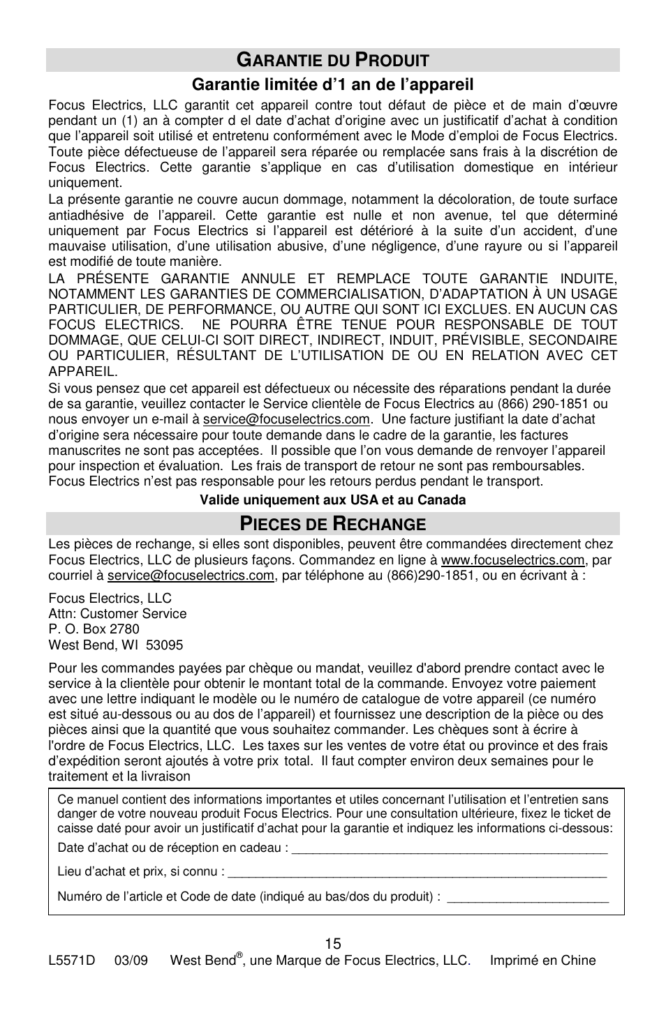 Garantie limitée d’1 an de l’appareil | West Bend L5571D User Manual | Page 29 / 44