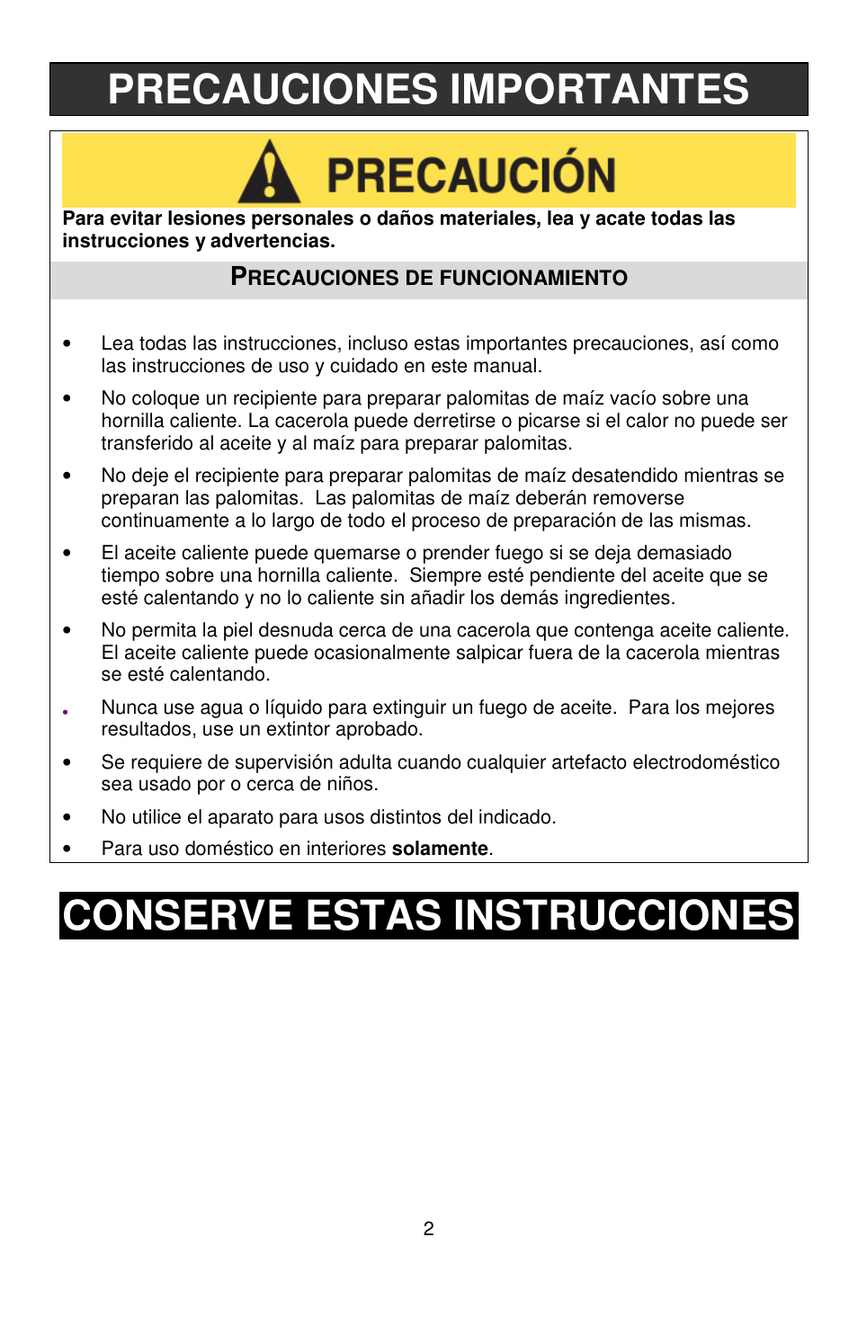 Precauciones importantes, Conserve estas instrucciones | West Bend PC10651 User Manual | Page 10 / 12