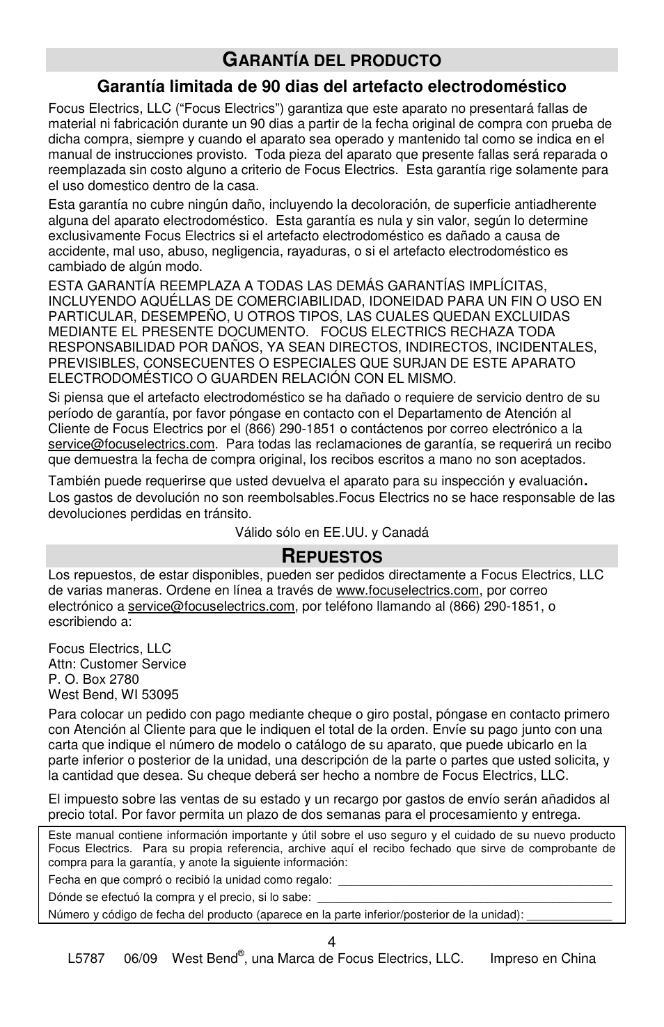 Arantía del producto, Epuestos | West Bend PC10651 User Manual | Page 12 / 12