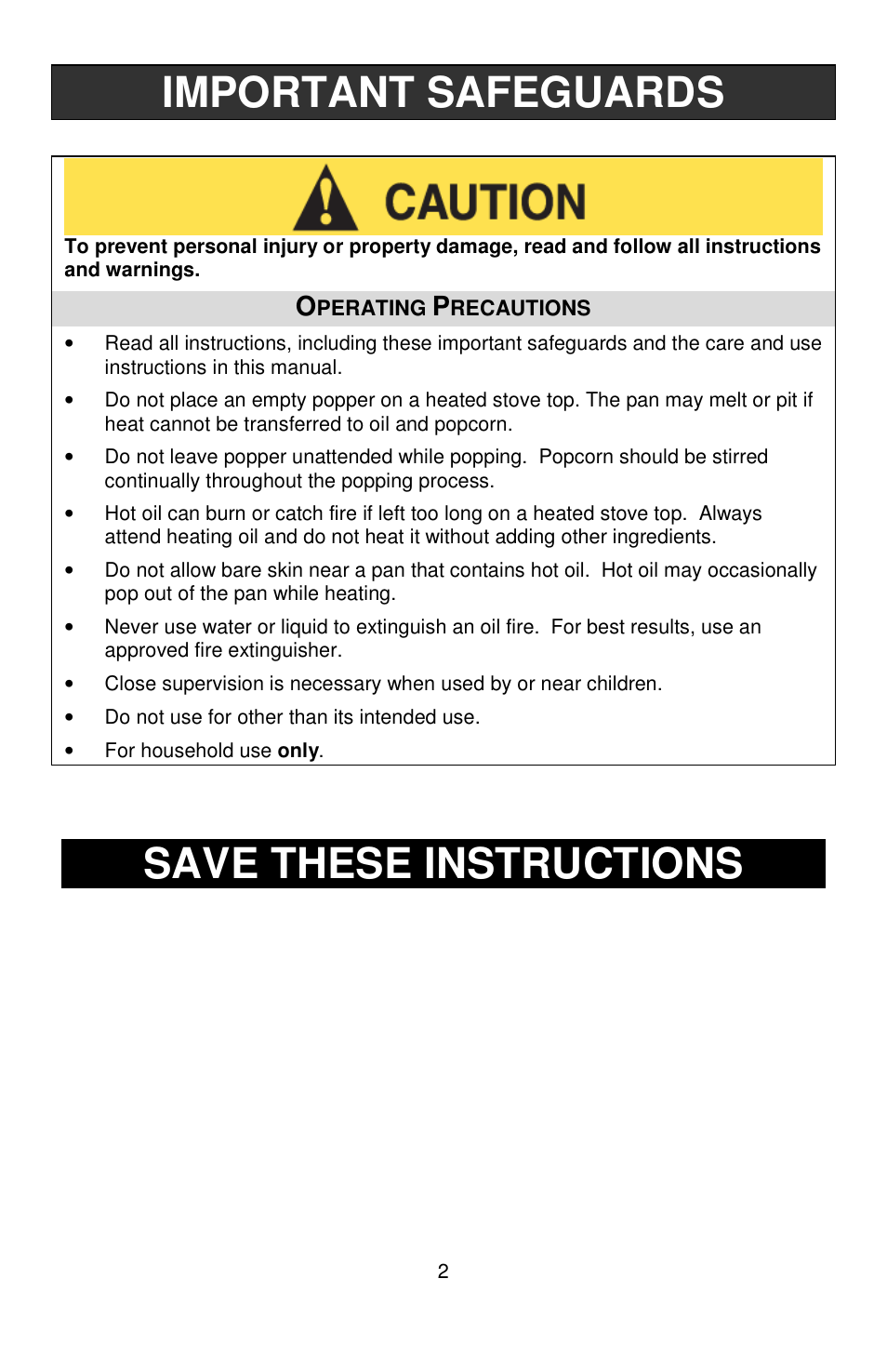 Important safeguards, Save these instructions | West Bend PC10651 User Manual | Page 2 / 12
