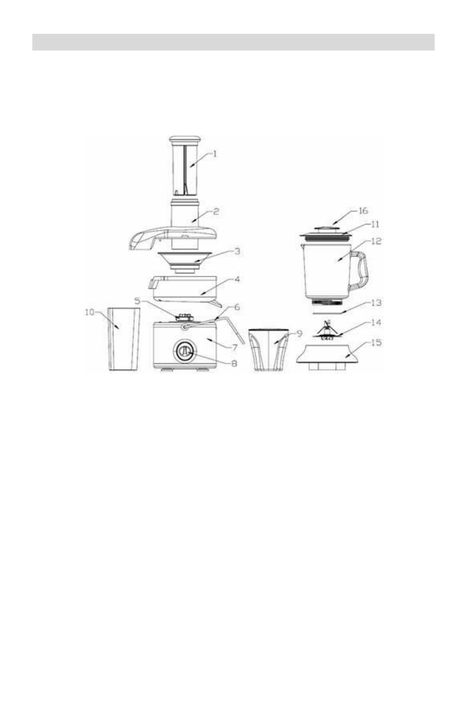 Ensambladura de su extractor de jugo, Extractor de jugos, Accesorio opcional para licuar | Empujador de alimentos, Tapa, Tapa del exprimidor, Jarra de licuar, Cuchilla del exprimidor, Anillo de sellado, Tazón con filtro | West Bend Chris Freytag L5760 User Manual | Page 36 / 48