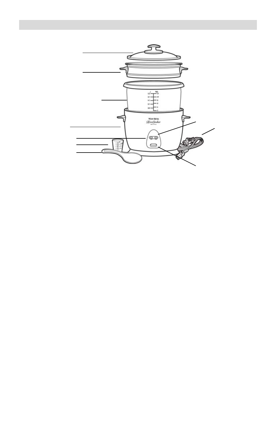 Mode d’emploi du cuiseur à riz, Couvercle en verre avec bouche d’aération, Panier pour cuisson à l’étuvée | Récipient de cuisson du riz, Socle chauffant, Voyant de chauffe, Voyant de cuisson, Tasse de mesure du riz, Cuillère à servir, Cordon | West Bend L5551E User Manual | Page 12 / 24