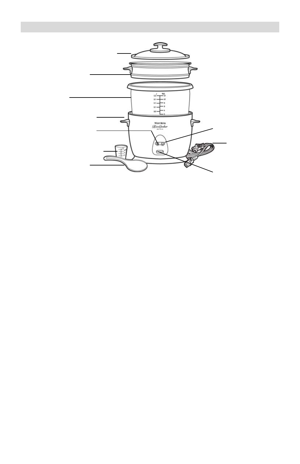 Tapa de vidrio con ventilación, Cesta vaporizadora, Olla para arroz | Base de calentamiento, Luz “warm” (entibiar), Taza medidora de arroz, Cuchara para servir, Luz “cook” (cocinar), Cable, Palanca del interruptor | West Bend L5551E User Manual | Page 20 / 24
