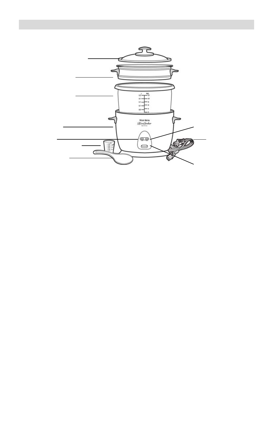 Using your rice cooker, Glass cover with vent, Steaming basket | Rice cooking pot, Heating base, Warm light, Rice measuring cup, Serving spoon, Cook light, Cord | West Bend L5551E User Manual | Page 4 / 24