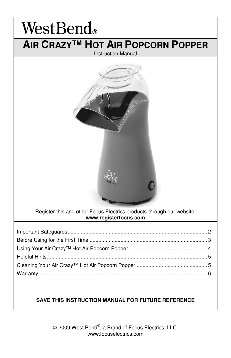 West Bend Air Crazy L5792B User Manual | 20 pages