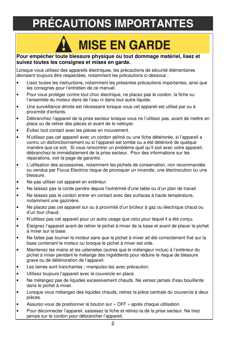 Précautions importantes | West Bend Smoothie Signature II User Manual | Page 14 / 36
