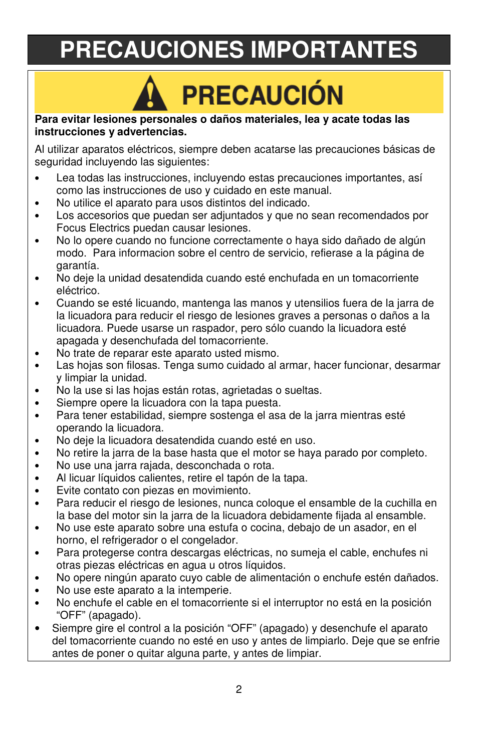 Precauciones importantes | West Bend MCD 289 User Manual | Page 18 / 24