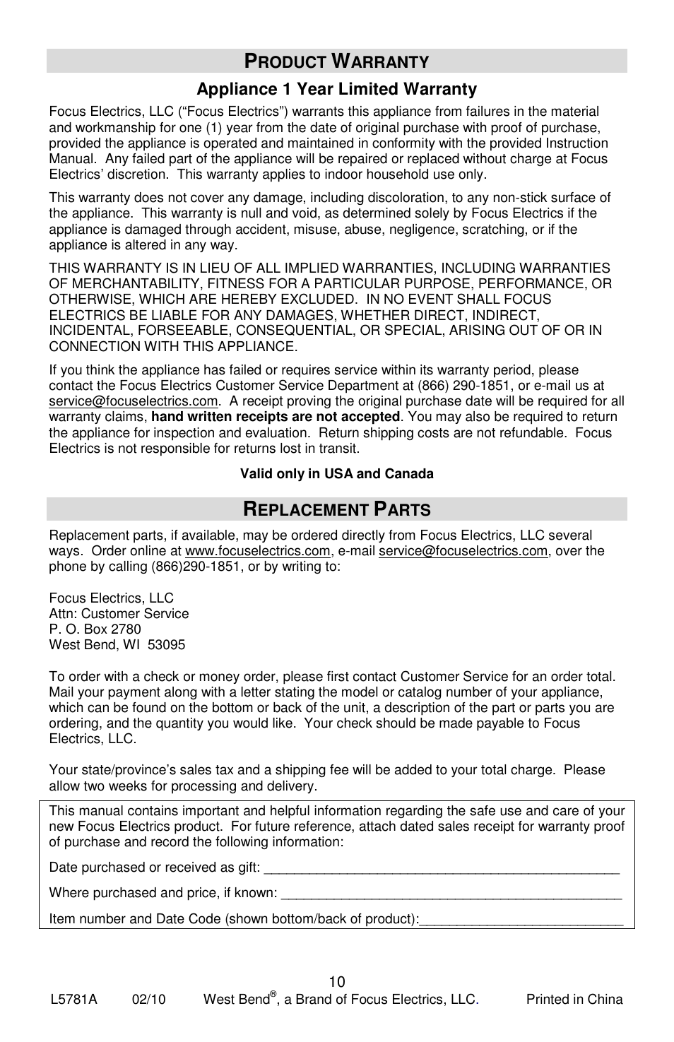 Appliance 1 year limited warranty | West Bend Kettle Crazy L5781A User Manual | Page 10 / 32