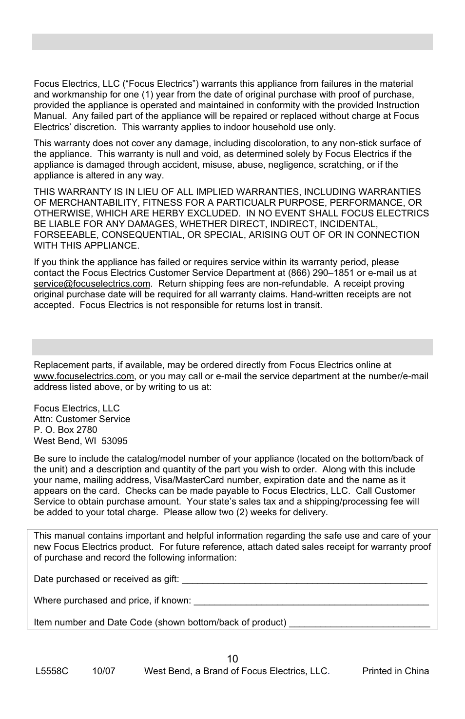 Product warranty, Replacement parts, Appliance 1 year limited warranty | West Bend Rotary Oven User Manual | Page 10 / 32