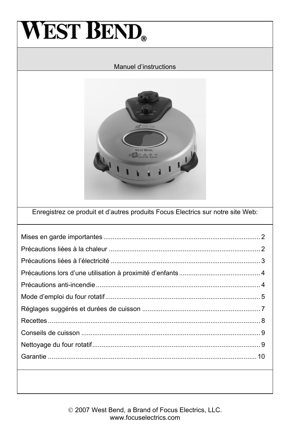 Four rotatif | West Bend Rotary Oven User Manual | Page 11 / 32