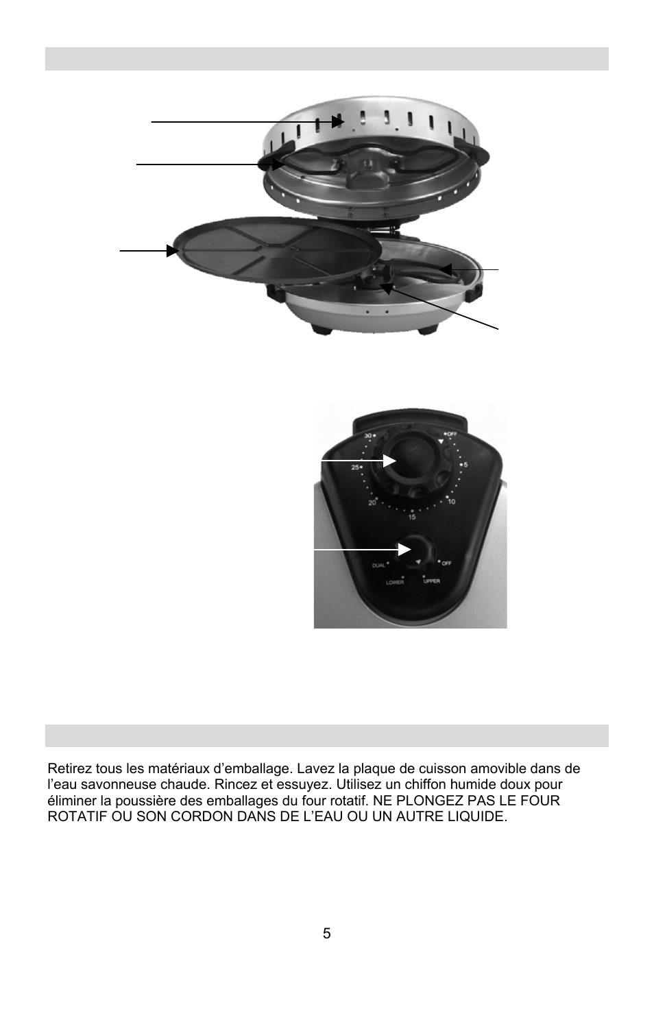 Mode d’emploi du four rotatif, Bouches d’aération, Arbre de commande | Sélecteur de minuterie, Avant la première utilisation | West Bend Rotary Oven User Manual | Page 15 / 32