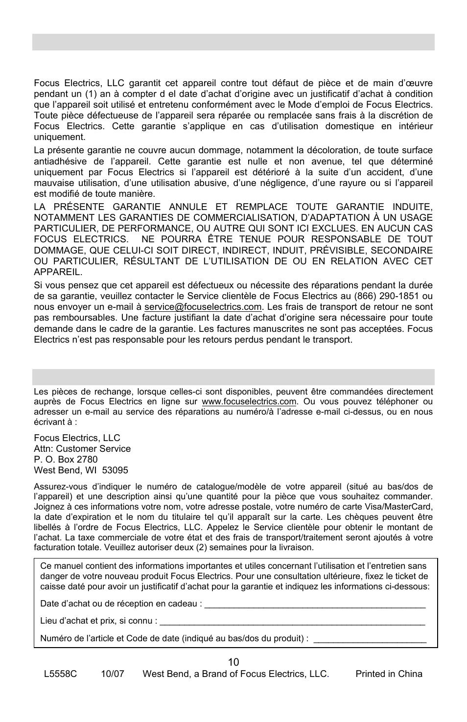 Garantie du produit, Garantie limitée d’1 an de l’appareil, Pièces de rechange | Arantie du produit, Ieces de rechange | West Bend Rotary Oven User Manual | Page 20 / 32