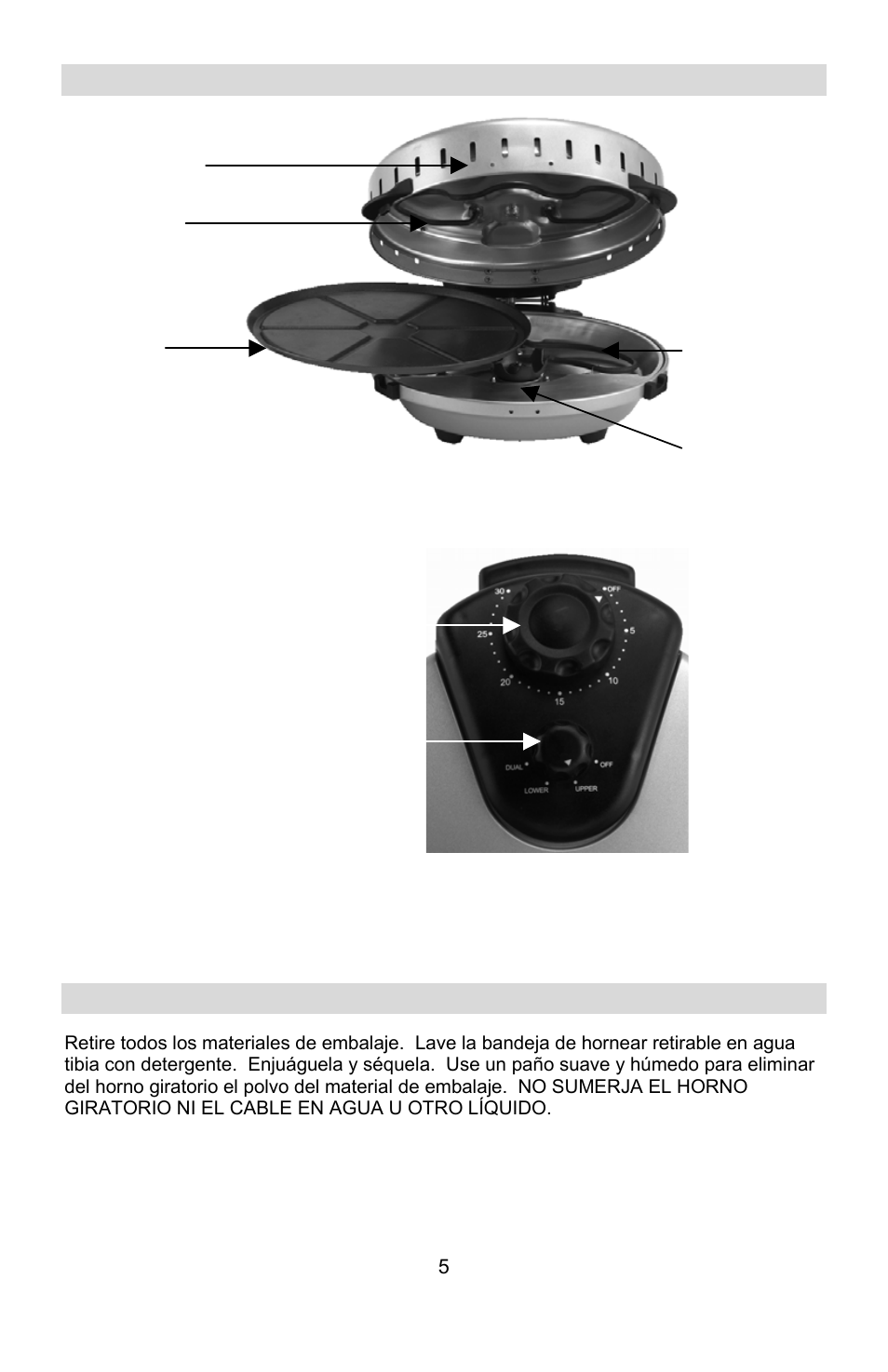Uso del horno giratorio, Orificios de ventilación, Eje impulsor | Selección del temporizador, Antes de usar la unidad por primera vez | West Bend Rotary Oven User Manual | Page 25 / 32